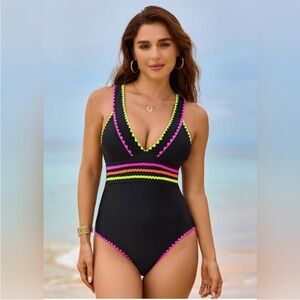 Popvil Black One Piece Swimsuit with Pink and Yellow Details New SzLarge